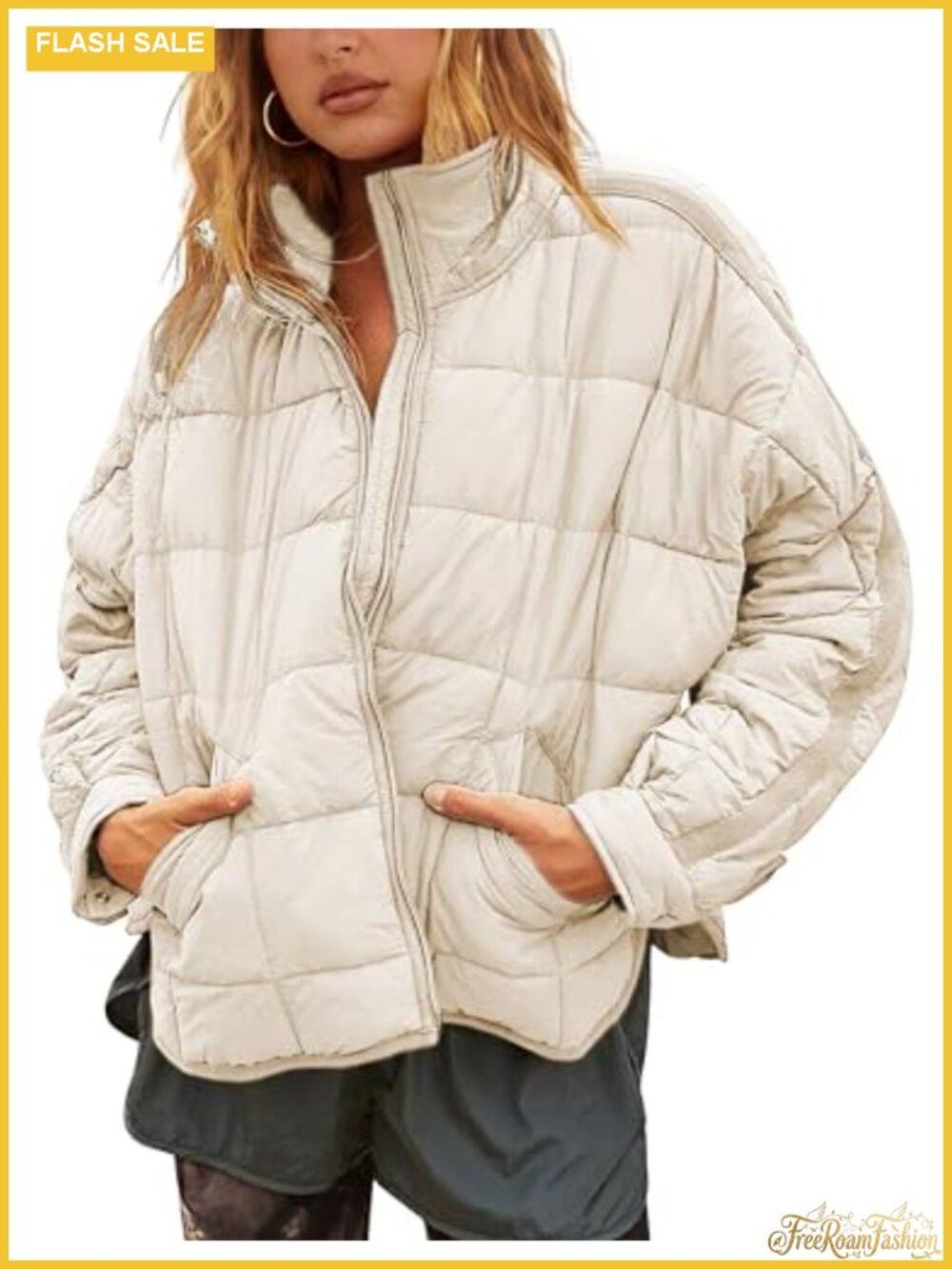 Oversized Splice Quilted Lightweight Puffer Jacket Button Cuffs Stand Collar